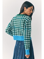Green Multi Houndstooth Crew Neck Knitted Cardigan - Image 4 of 14