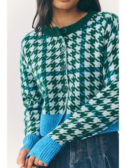 Green Multi Houndstooth Crew Neck Knitted Cardigan - Image 5 of 14