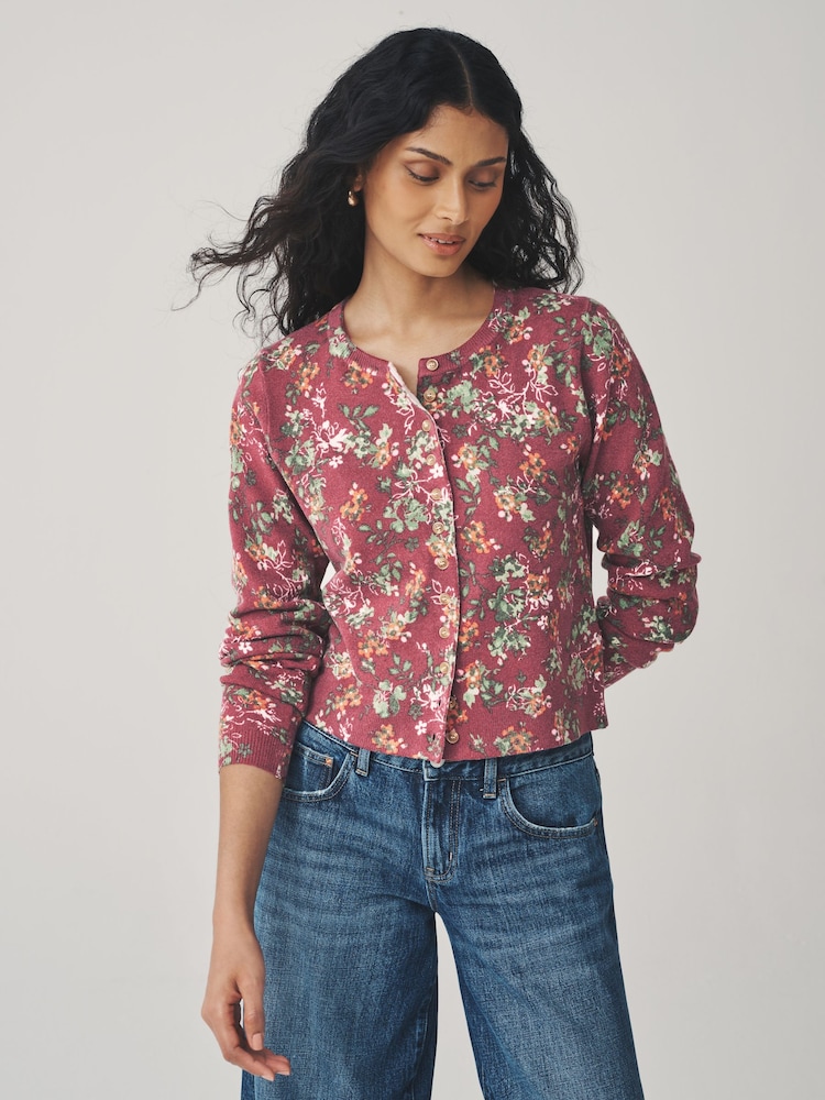 Berry Red Floral Print Slim Super Soft Crew Neck Cardigan with Wool - Image 1 of 8