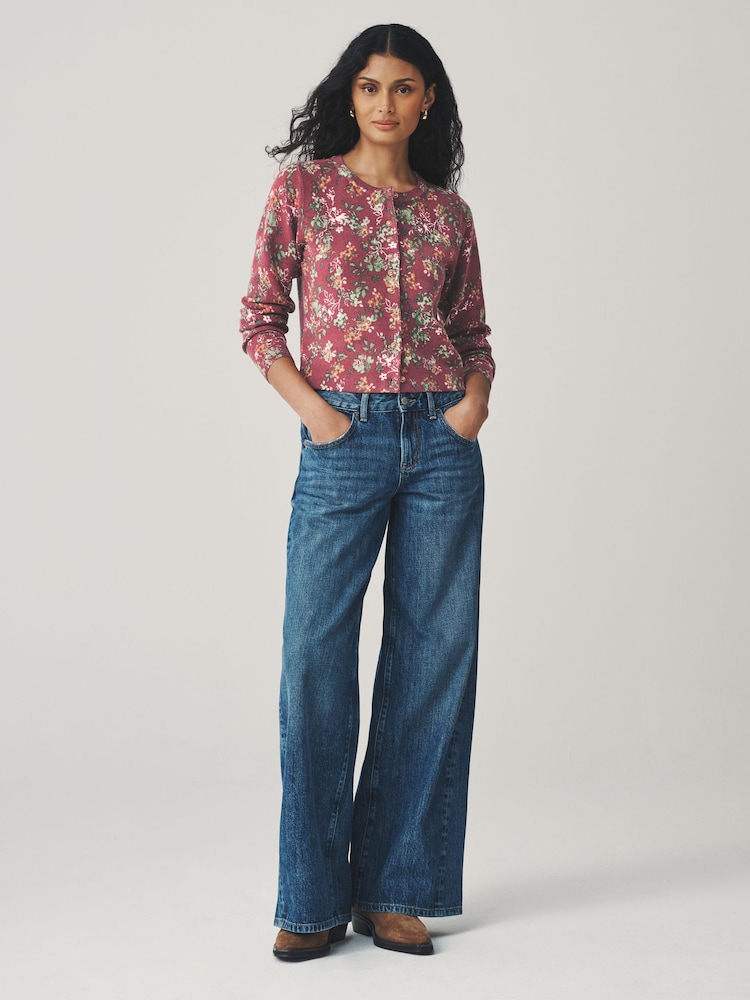 Berry Red Floral Print Slim Super Soft Crew Neck Cardigan with Wool - Image 2 of 8