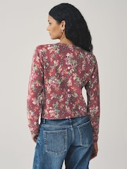 Berry Red Floral Print Slim Super Soft Crew Neck Cardigan with Wool - Image 3 of 8