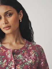 Berry Red Floral Print Slim Super Soft Crew Neck Cardigan with Wool - Image 5 of 8