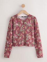 Berry Red Floral Print Slim Super Soft Crew Neck Cardigan with Wool - Image 6 of 8