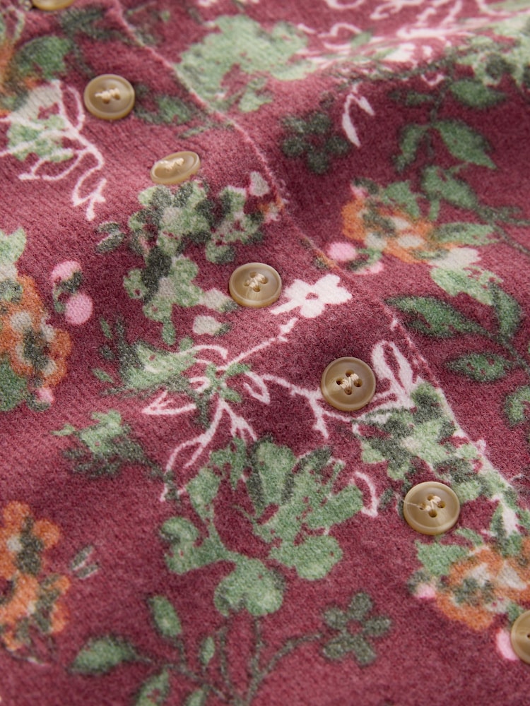 Berry Red Floral Print Slim Super Soft Crew Neck Cardigan with Wool - Image 8 of 8
