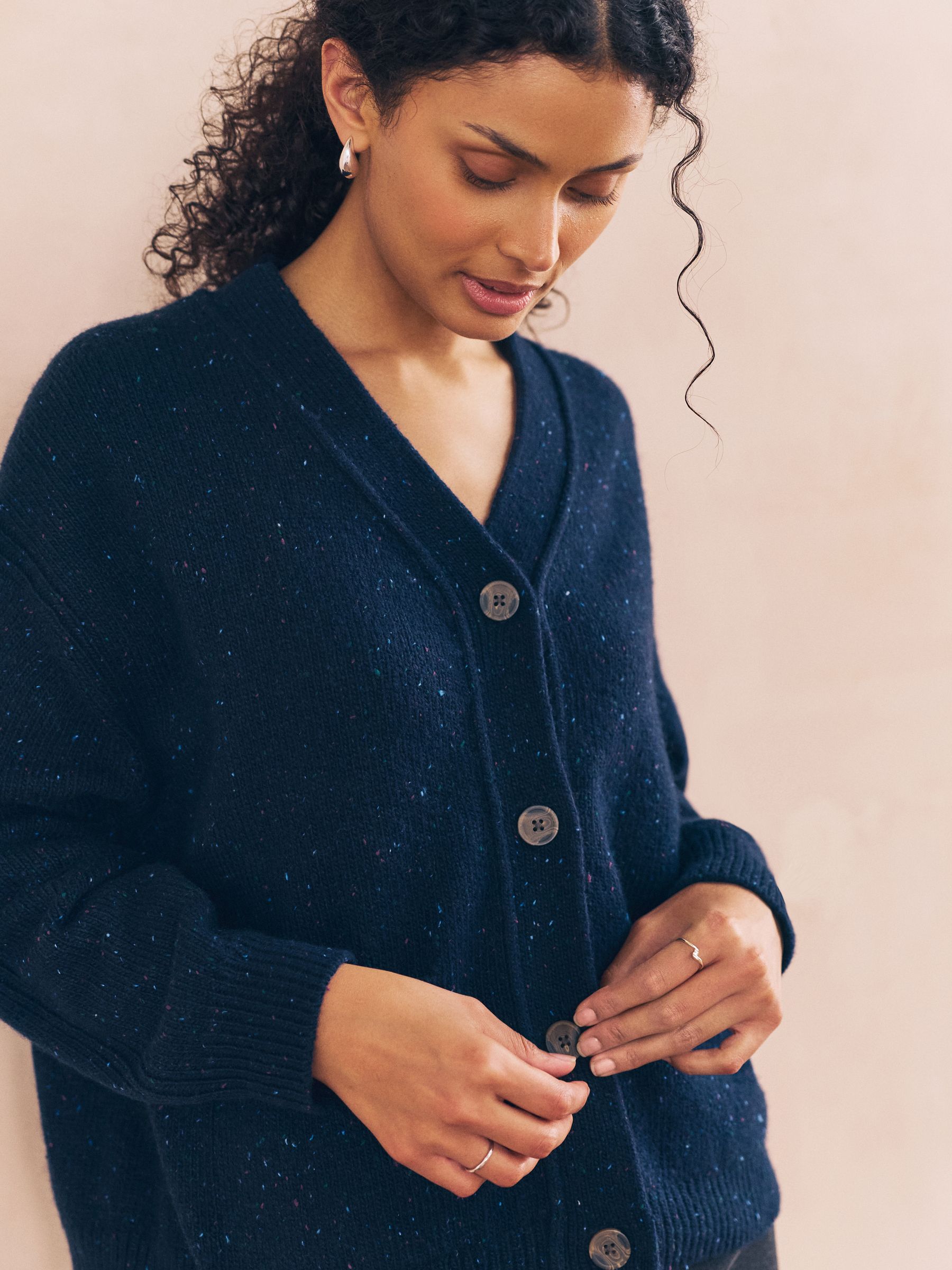 Buy Navy Blue Cotton And Wool Blend Neppy V-Neck Pocket Cardigan