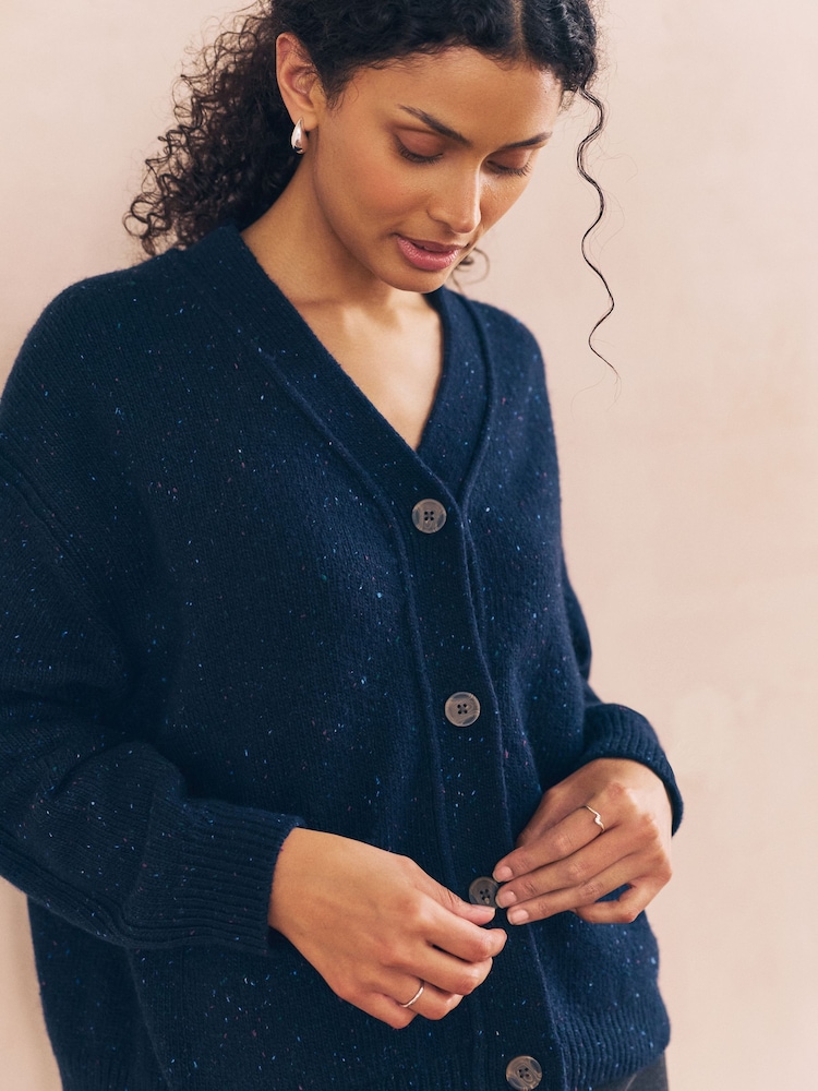 Buy Navy Blue Cotton And Wool Blend Neppy V-Neck Pocket Cardigan 