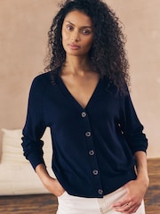 Navy Blue Soft Touch V-Neck Cotton Rich Button Up Cardigan - Image 1 of 7