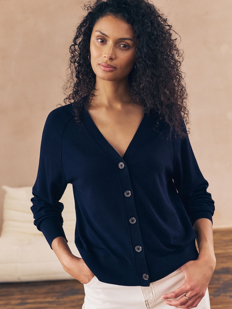 Navy Blue Soft Touch V-Neck Cotton Rich Button Up Cardigan - Image 1 of 7