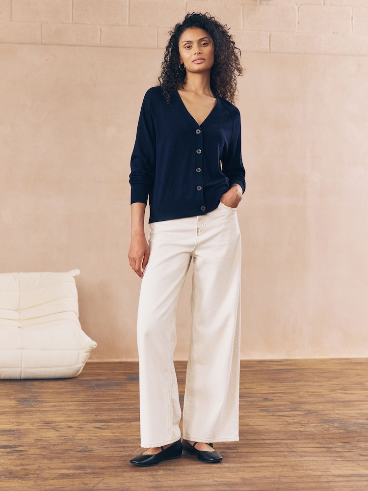 Navy Blue Soft Touch V-Neck Cotton Rich Button Up Cardigan - Image 2 of 7