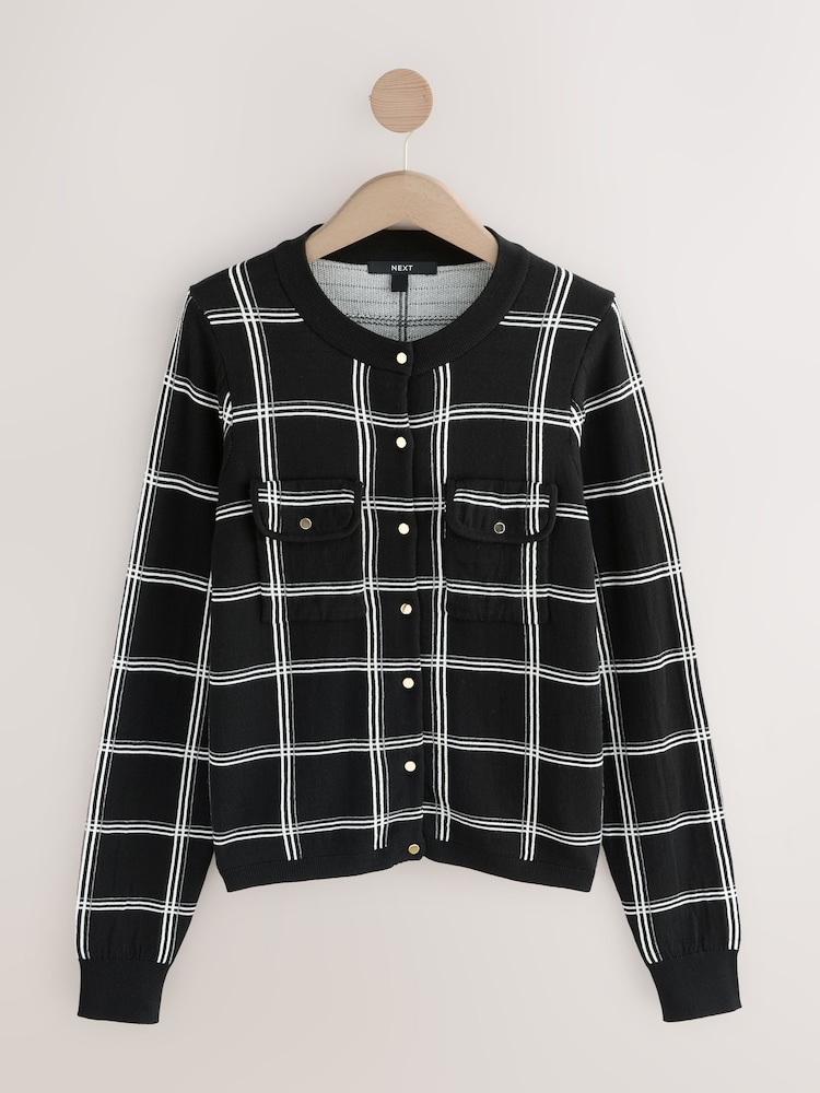 Mono Check Soft Touch Cotton Rich Pocket Front Cardigan - Image 1 of 3 Mono Check Soft Touch Cotton Rich Pocket Front Cardigan - Image 1 of 3