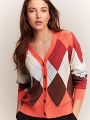 Bright Pink Argyle Check Soft Touch V-Neck Cotton Rich Button Up Cardigan - Image 1 of 7