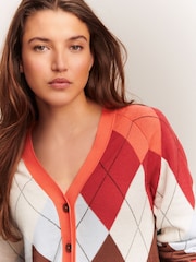 Bright Pink Argyle Check Soft Touch V-Neck Cotton Rich Button Up Cardigan - Image 4 of 7
