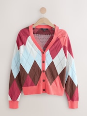 Bright Pink Argyle Check Soft Touch V-Neck Cotton Rich Button Up Cardigan - Image 5 of 7