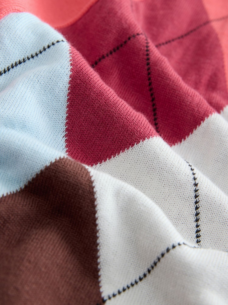 Bright Pink Argyle Check Soft Touch V-Neck Cotton Rich Button Up Cardigan - Image 7 of 7