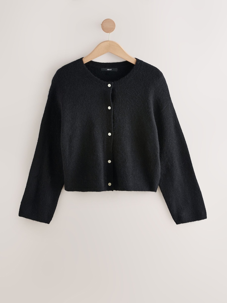 Buy Black Soft Touch Crew Neck Knitted Cardigan With Wool from