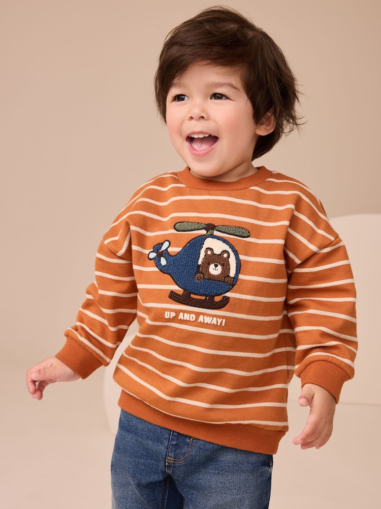 Tan Brown Ecru Stripe Bear Appliqué Crew Neck Jersey Sweatshirt (3mths-7yrs) - Image 1 of 6