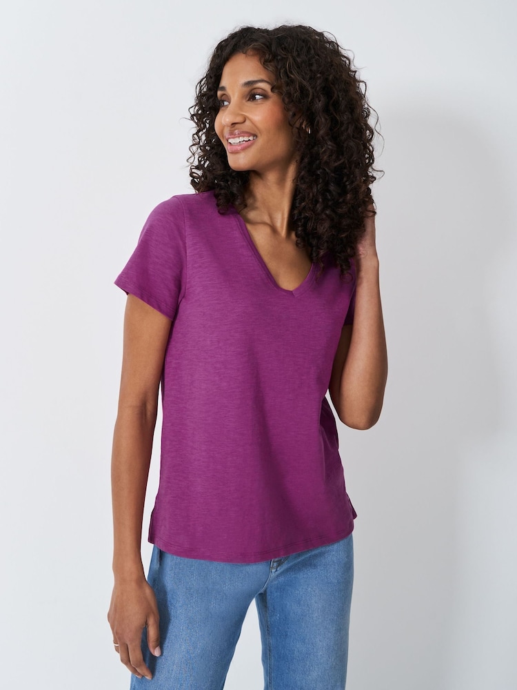Crew Clothing Company Pink Slub V-Neck 100% Cotton T-Shirt - Image 1 of 5