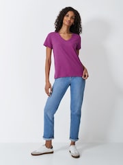 Crew Clothing Company Pink Slub V-Neck 100% Cotton T-Shirt - Image 3 of 5