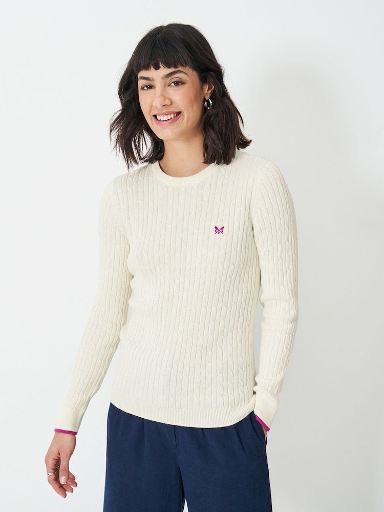 Crew Clothing White Heritage Cable Crew Neck Jumper - Image 1 of 5