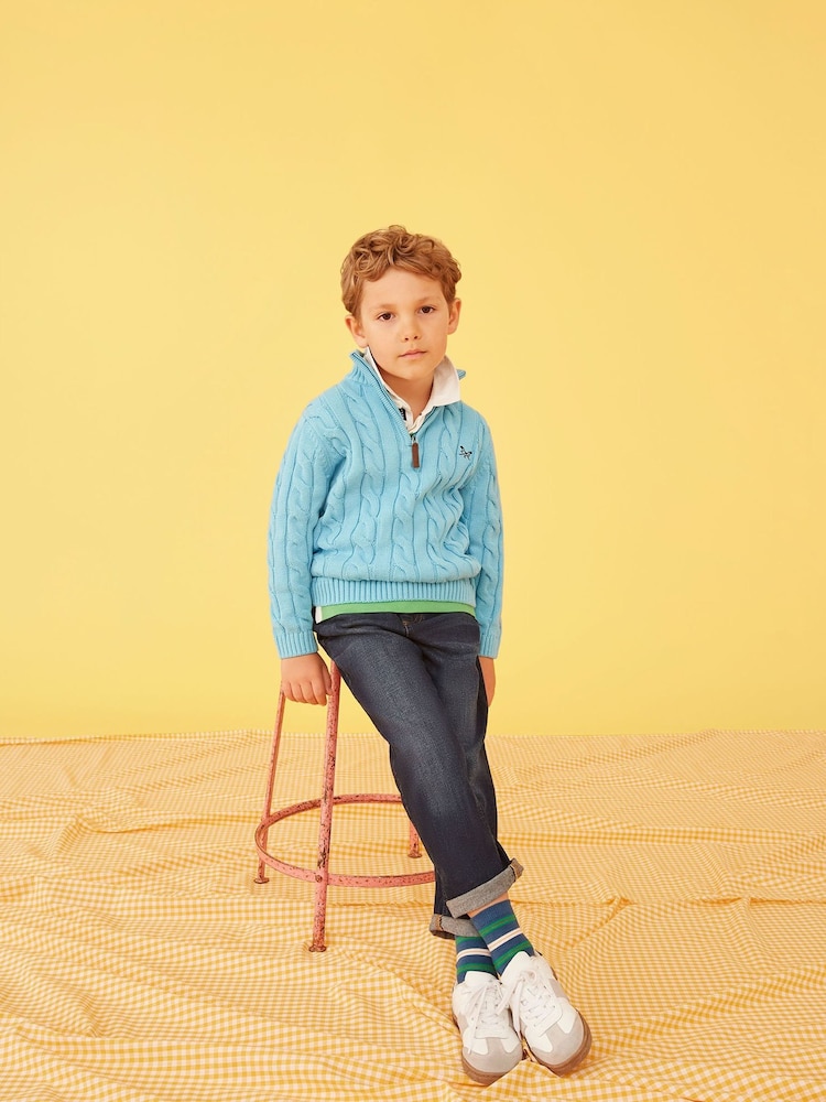 Crew Clothing Company Blue Oarsman Cable Half Zip Knit 100% Cotton Jumper - Image 1 of 7 Crew Clothing Company Blue Oarsman Cable Half Zip Knit 100% Cotton Jumper - Image 1 of 7