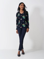 Crew Clothing Blue Long Shirred Sleeve V-Neck Top - Image 4 of 5