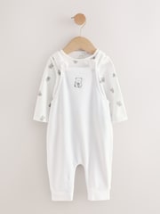 Weiß mit Bär - Velour Dungarees and Bodysuit Baby Set (0-12mths) - Bild 1 von 6
