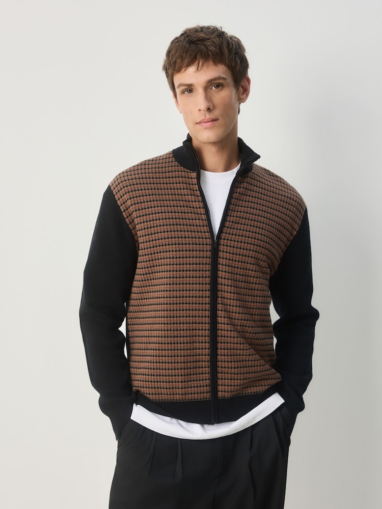 Black/Brown Regular Fit Premium Knitted Dog Tooth Zip Through Polo Shirt - Image 1 of 8