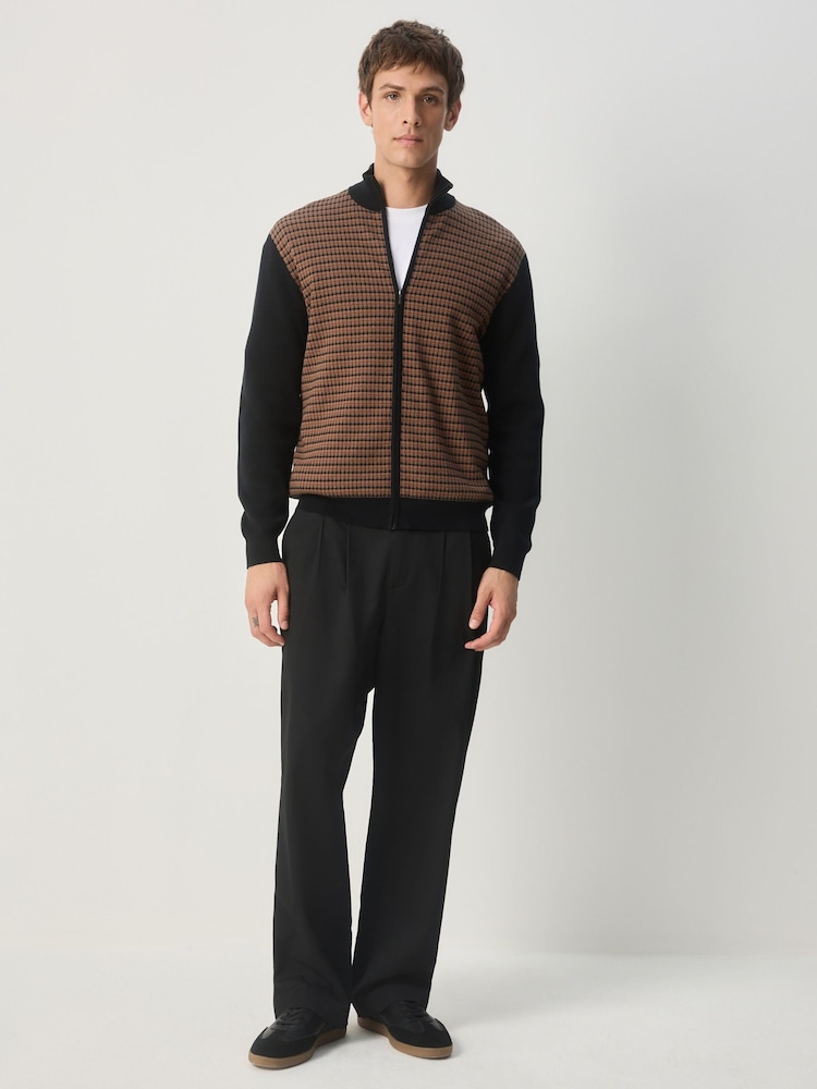 Black/Brown Regular Fit Premium Knitted Dog Tooth Zip Through Polo Shirt - Image 2 of 8