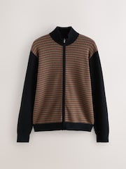 Black/Brown Regular Fit Premium Knitted Dog Tooth Zip Through Polo Shirt - Image 6 of 8