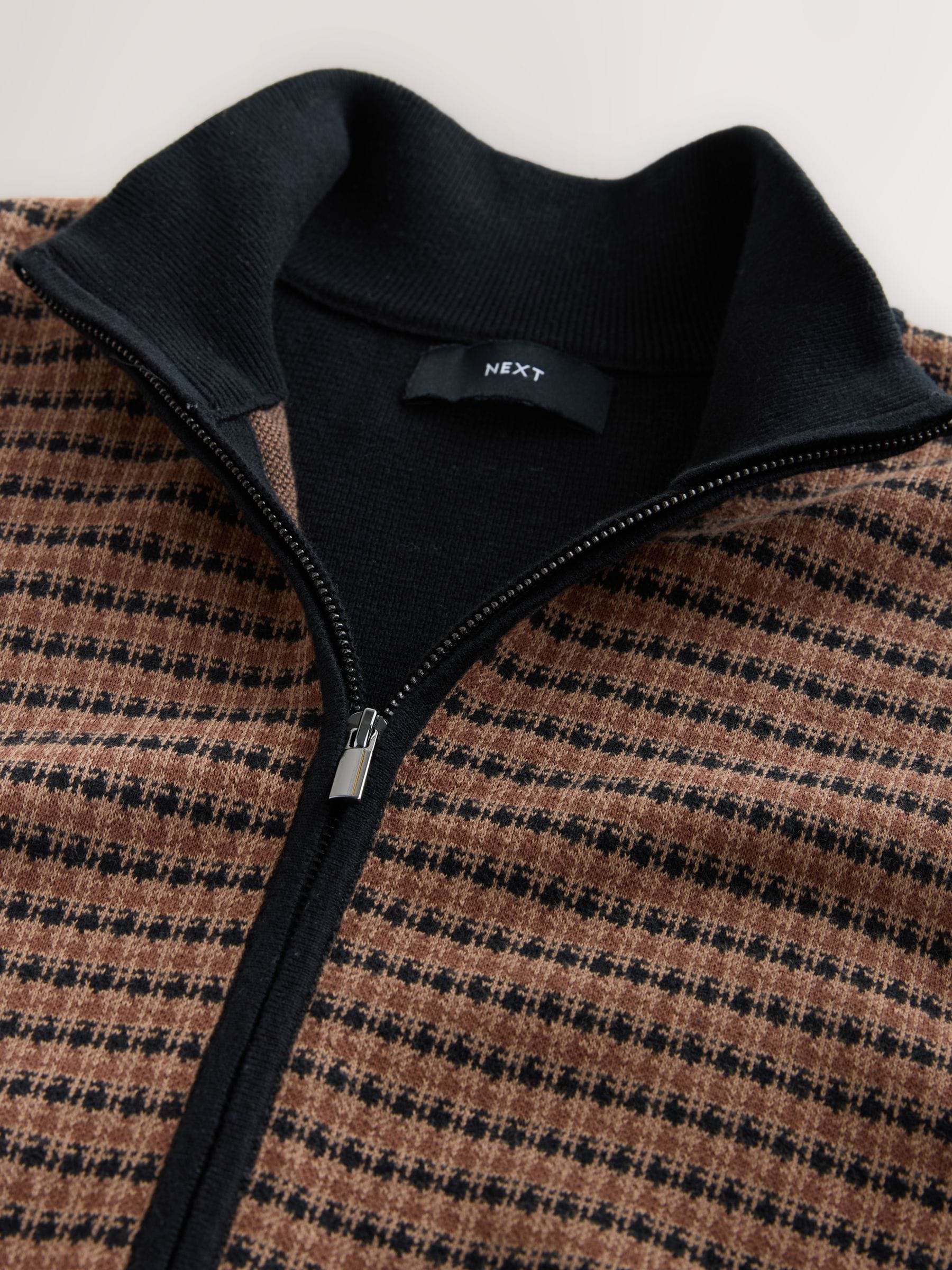 Buy Black/Brown Regular Fit Houndstooth Pattern Collared Zip