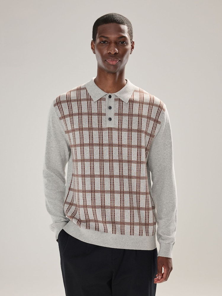 Grey Regular Fit Check Knit Long Sleeve Polo Shirt - Image 1 of 7
