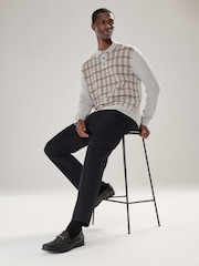 Grey Regular Fit Check Knit Long Sleeve Polo Shirt - Image 2 of 7