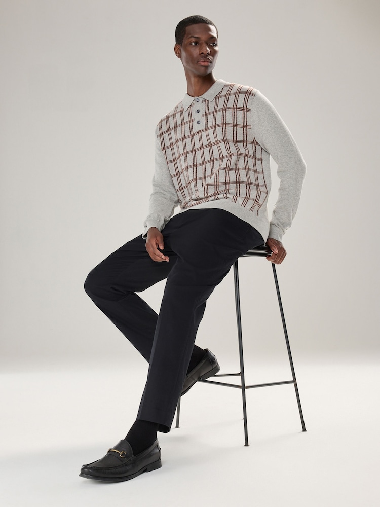 Grey Regular Fit Check Knit Long Sleeve Polo Shirt - Image 2 of 7