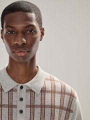 Grey Regular Fit Check Knit Long Sleeve Polo Shirt - Image 4 of 7
