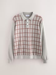 Grey Regular Fit Check Knit Long Sleeve Polo Shirt - Image 5 of 7