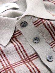 Grey Regular Fit Check Knit Long Sleeve Polo Shirt - Image 6 of 7