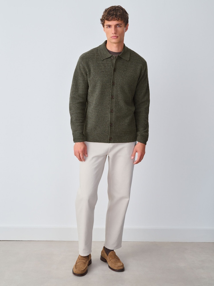 Green Regular Fit Textured Collared Cardigan with Wool - Image 1 of 8