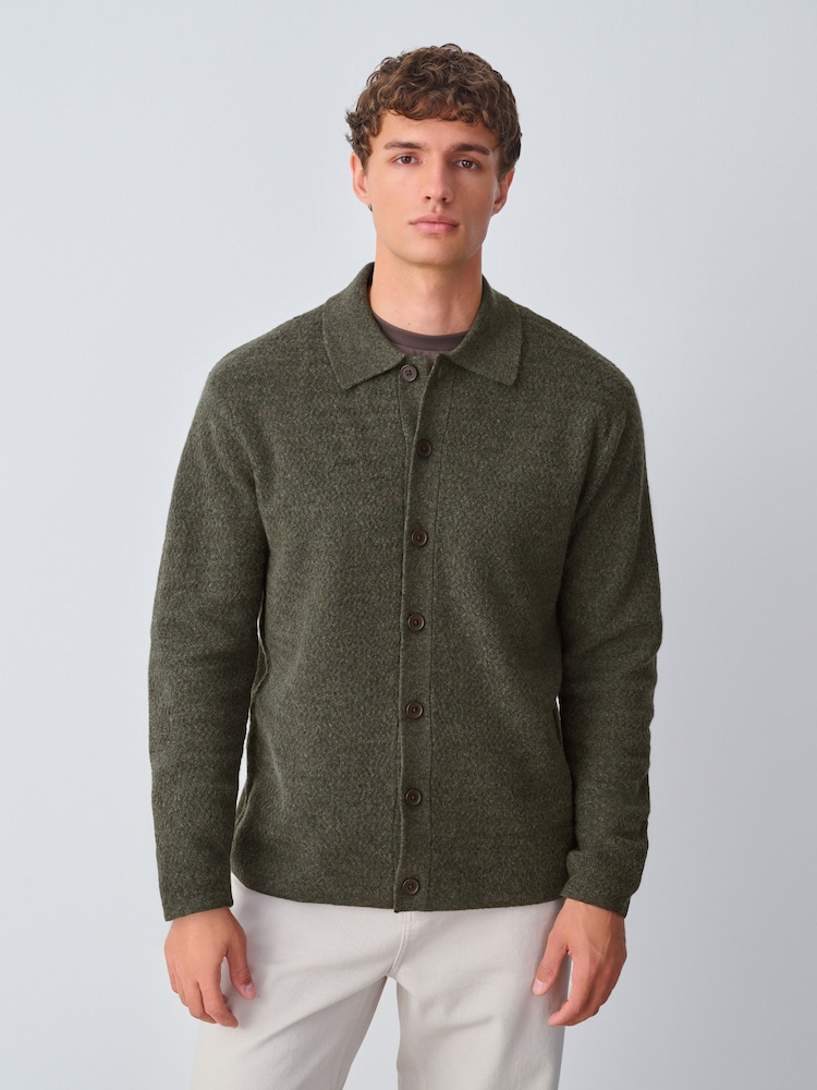 Green Regular Fit Textured Collared Cardigan with Wool - Image 2 of 8