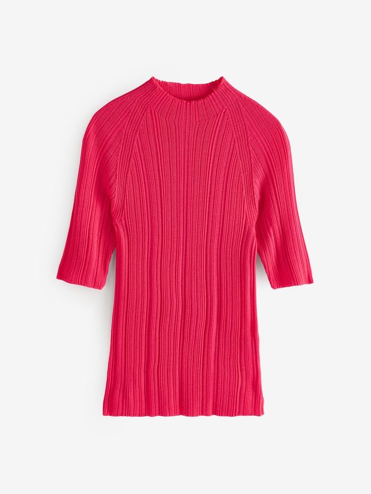 Banana Republic Pink Ribbed Merino Mock-Neck Elbow-Sleeve Jumper - Image 2 of 5