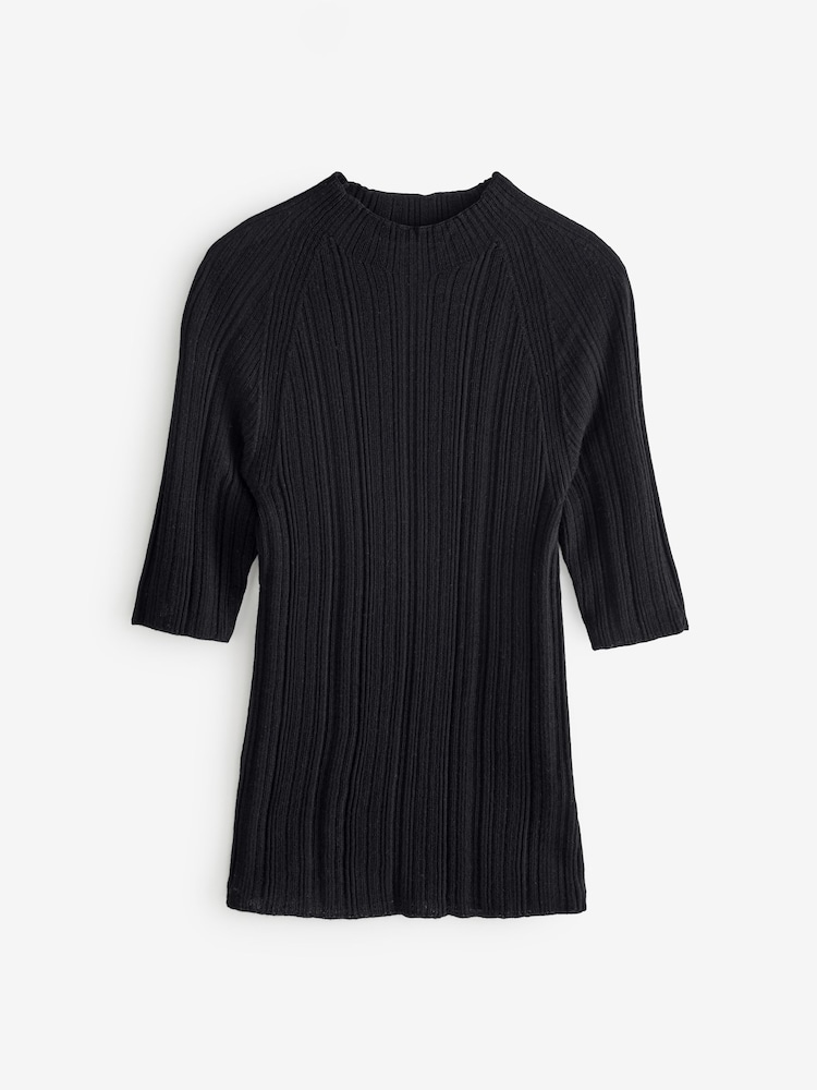 Banana Republic Black Ribbed Merino Mock-Neck Elbow-Sleeve Jumper - Image 1 of 4