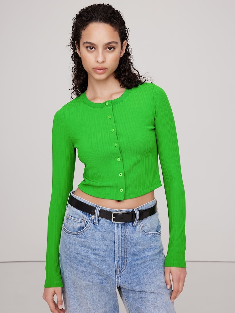 Banana Republic Green Ribbed Cardigan Cropped Top - Image 1 of 1 Banana Republic Green Ribbed Cardigan Cropped Top - Image 1 of 1