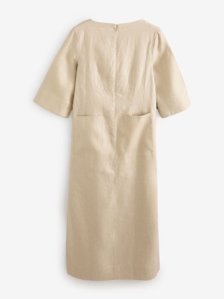 Bej - Rochie cu mânecă scurtă din in Banana Republic 100% - Imaginea 2 din 4