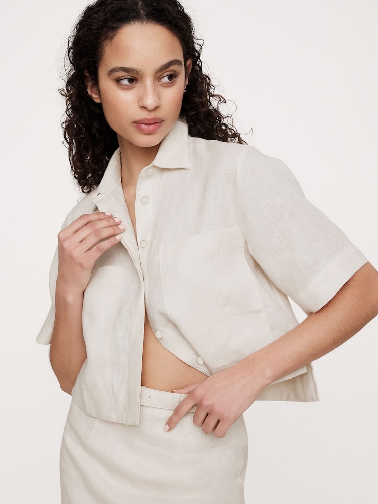 Banana Republic Beige 100% Linen Boxy Cropped Shirt - Image 4 of 5