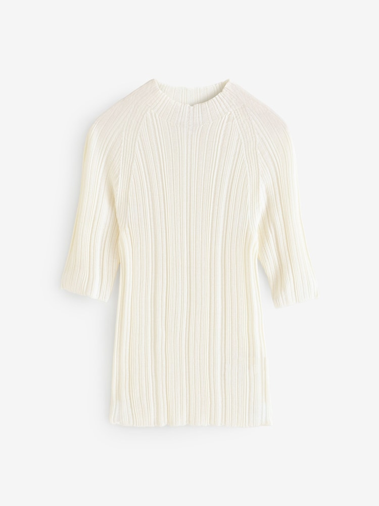 Banana Republic White Ribbed Merino Mock-Neck Elbow-Sleeve Jumper - Image 2 of 5