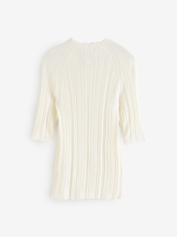 Banana Republic White Ribbed Merino Mock-Neck Elbow-Sleeve Jumper - Image 2 of 4