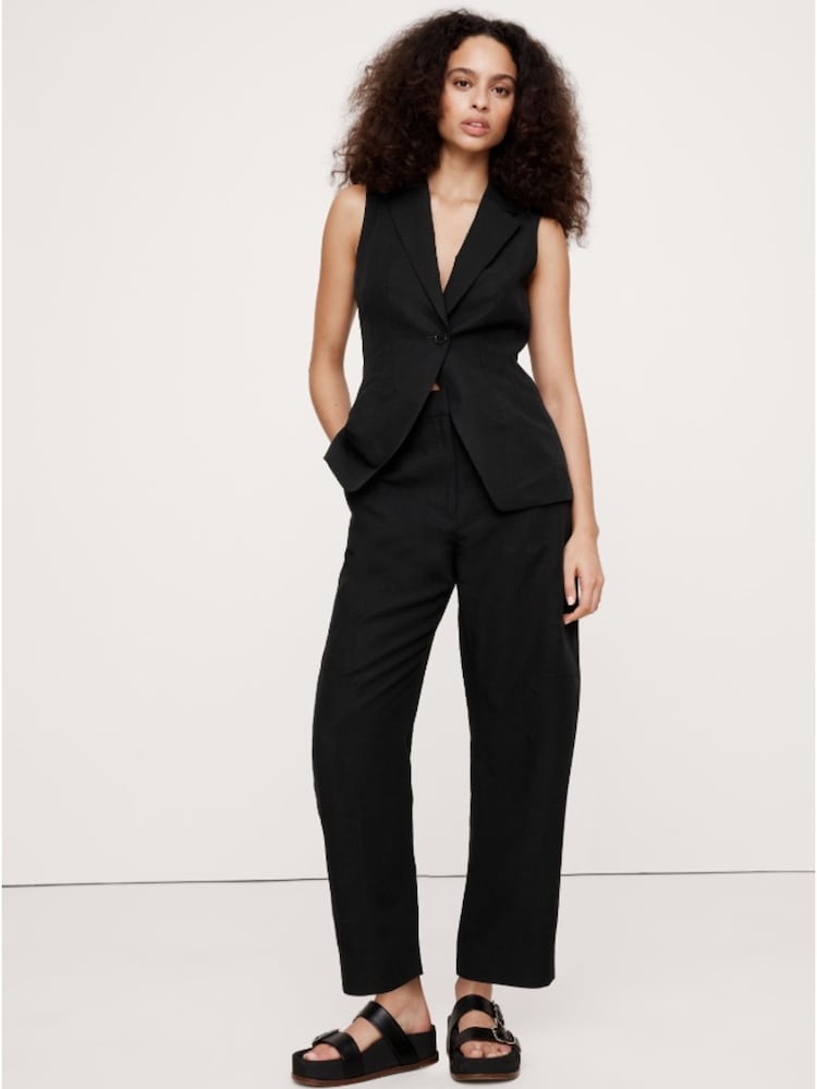 Banana Republic Black High-Rise Barrel Tencel Linen Trousers - Image 1 of 4