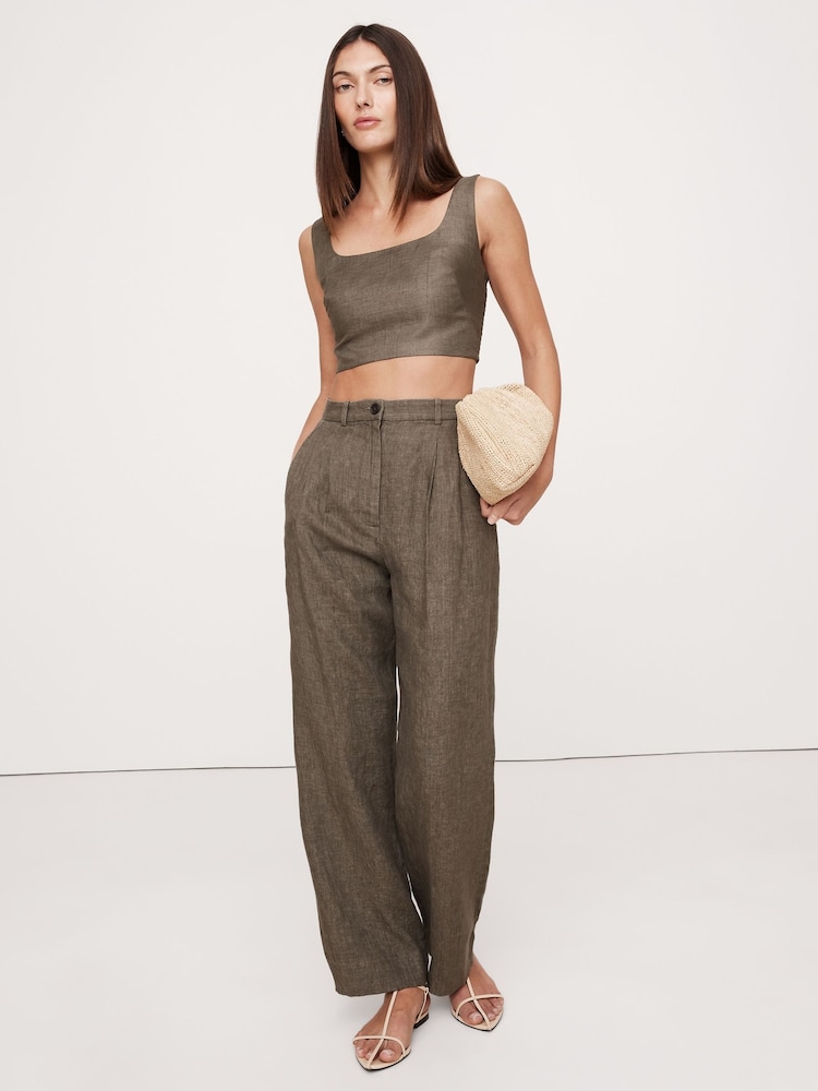 Banana Republic Green Soho High-Waisted Wide-Leg Linen Trousers - Image 3 of 4