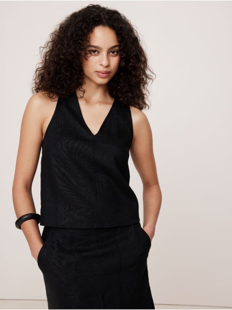 Banana Republic Black V Neck Cross Back Linen Vest Top - Image 2 of 3