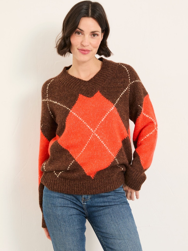 FatFace Ali Brown Argyle Knitted Jumper - Image 1 of 5