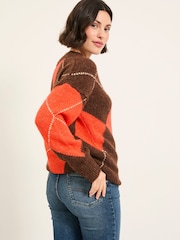 FatFace Ali Brown Argyle Knitted Jumper - Image 2 of 5